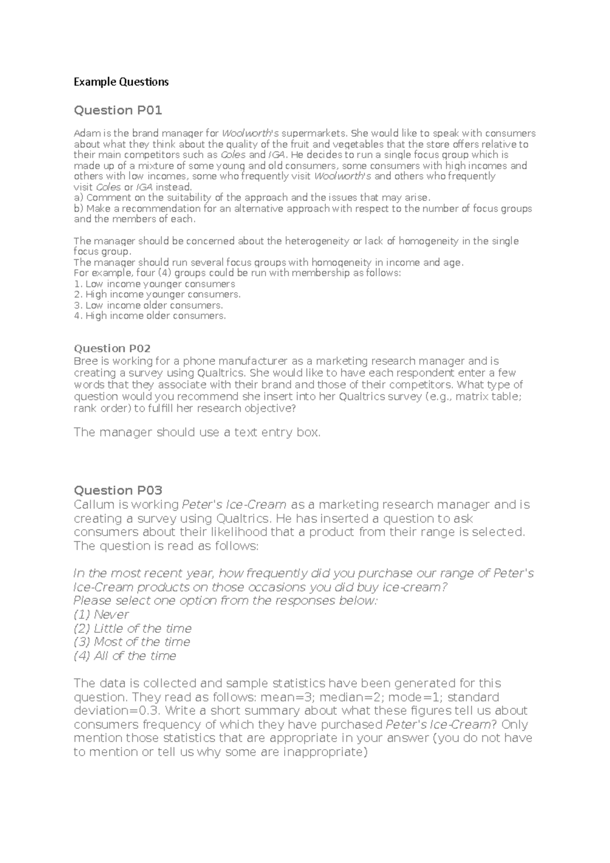 Example Questions marketing research notes Example Questions