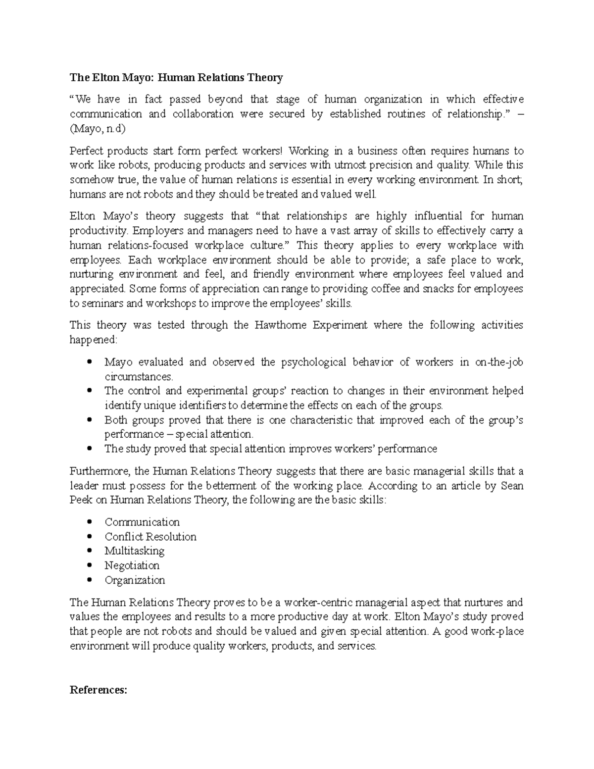 Elton Mayo's Human Relations Theory The Elton Mayo Human Relations