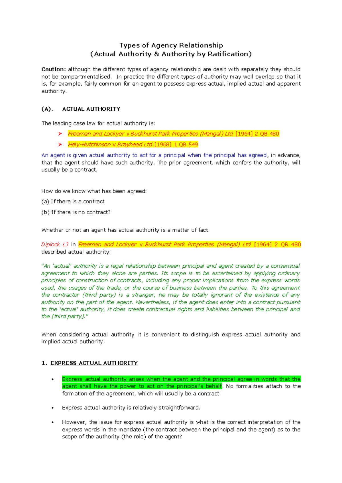 Agency Actual Authority & Ratification Types of Agency Relationship