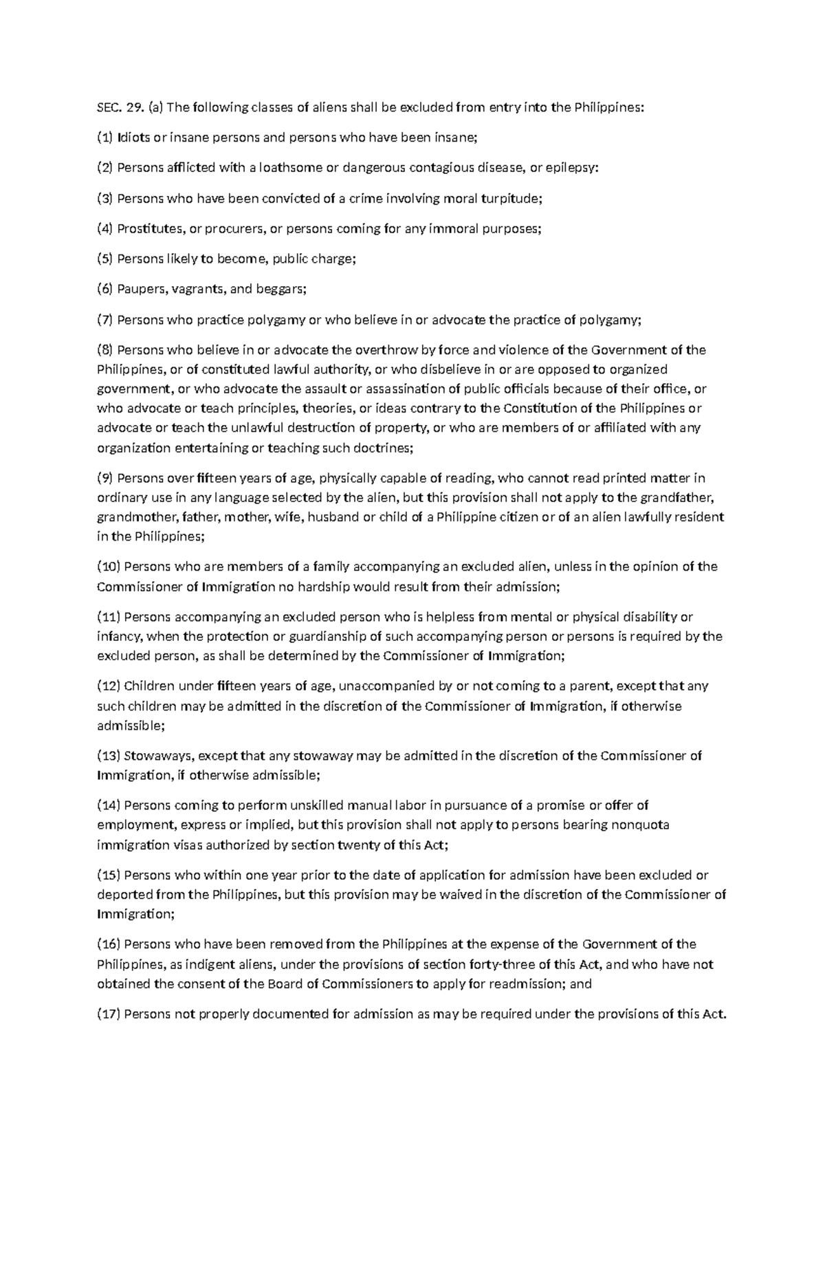 Copy of Section 29 (a) - Immig law - SEC. 29. (a) The following classes ...