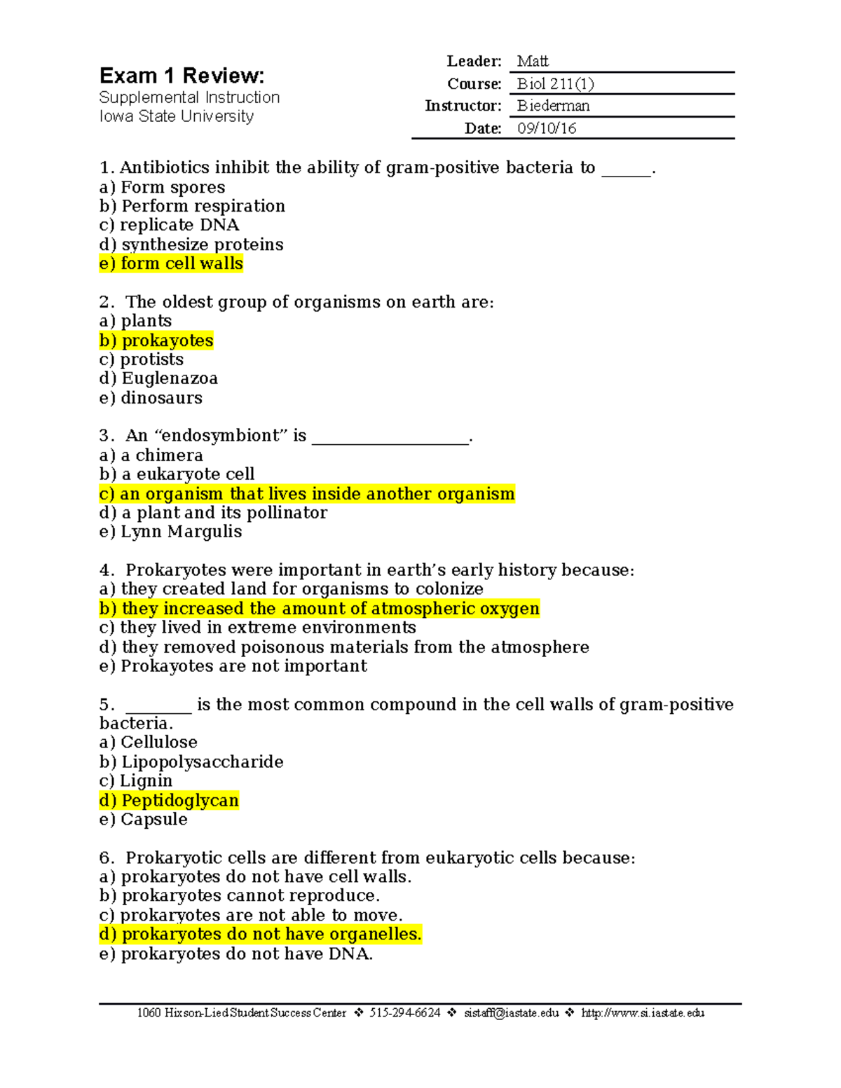 Exam 1 Review - Exam 1 Review: Supplemental Instruction Iowa State 