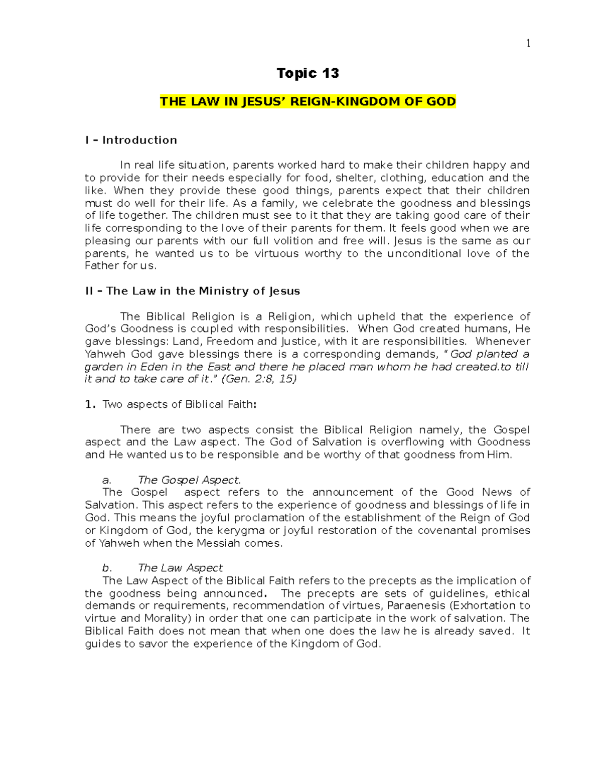 Topic 13 The Law - Topic 13 THE LAW IN JESUS’ REIGN-KINGDOM OF GOD I ...