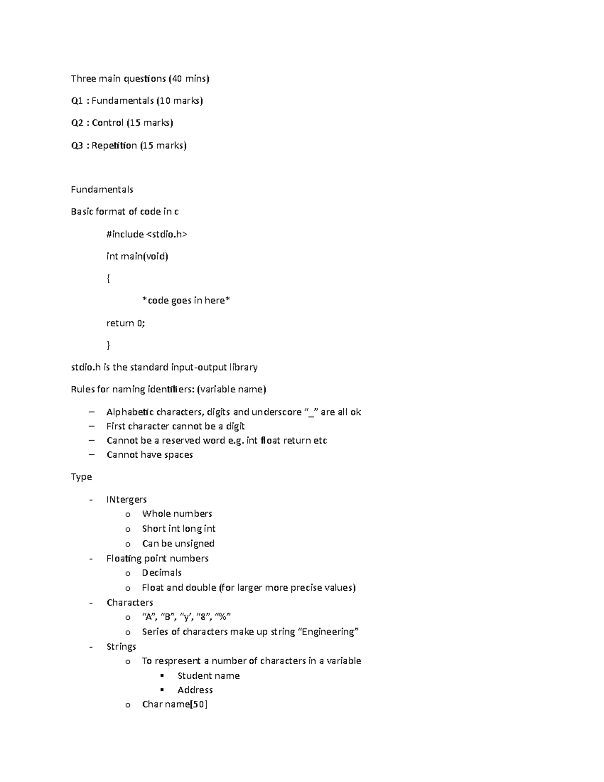 Programming notes - Three main questions (40 mins) Q1 : Fundamentals ...