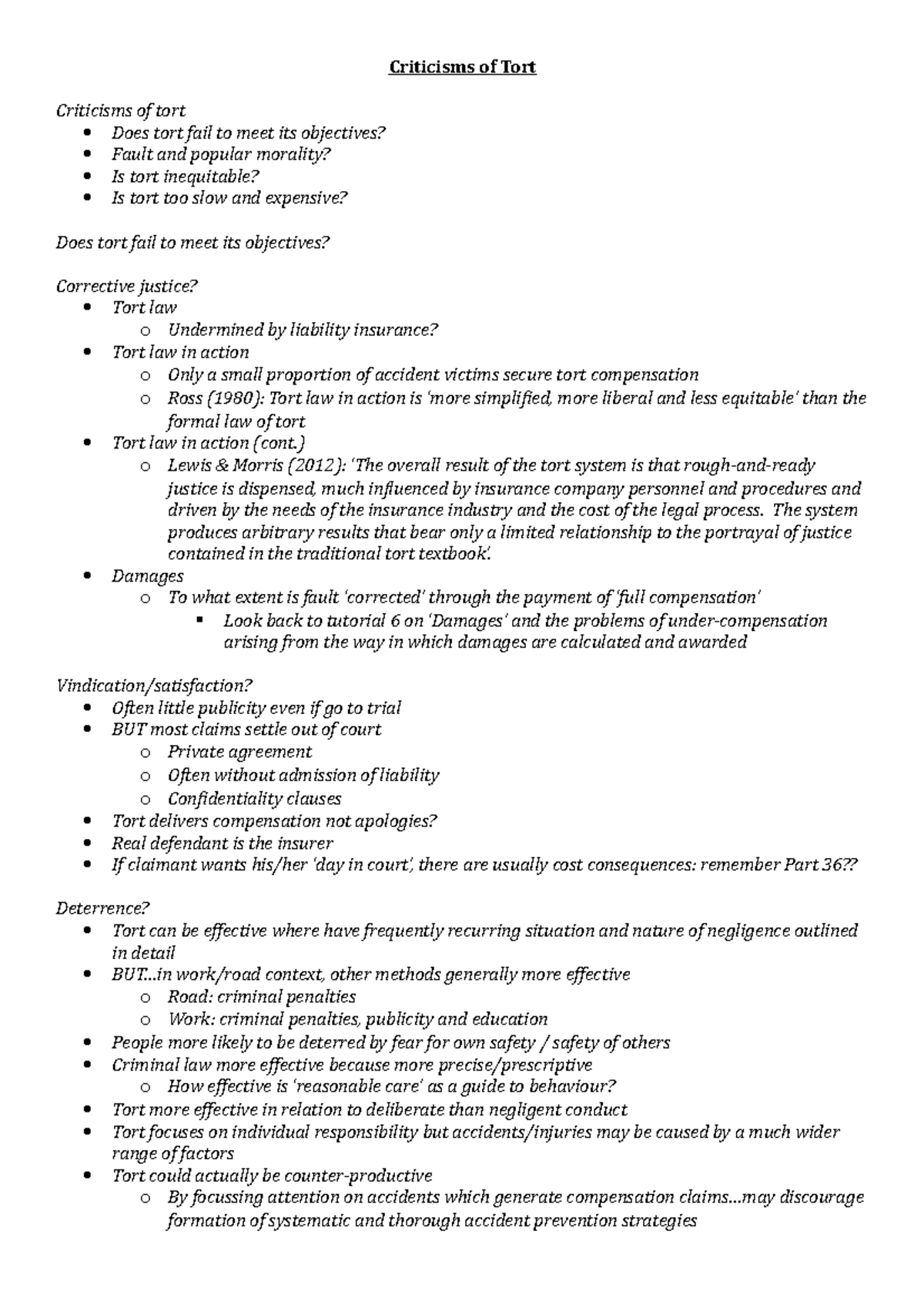 Criticisms of Tort - Lecture Notes - Criticisms of Tort Criticisms of ...