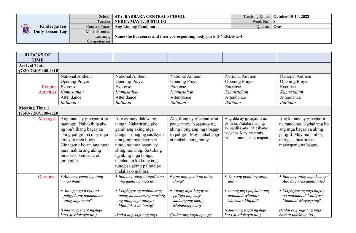 Kindergarten Dll Melc Q1 Week 8 Asf Kindergarten Daily Lesson Log School Sta Barbara Central 1181