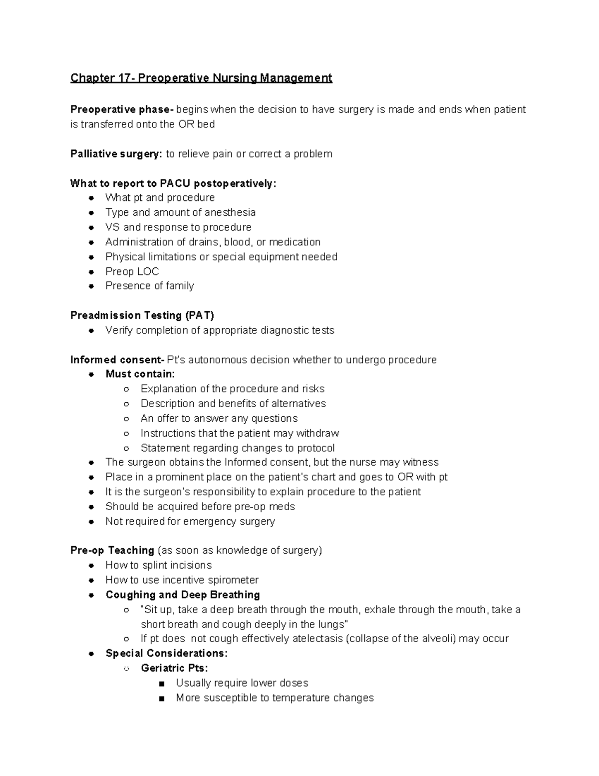 Medical Surgical Nursing- Ch. 17, 18, 19 - Chapter 17- Preoperative ...