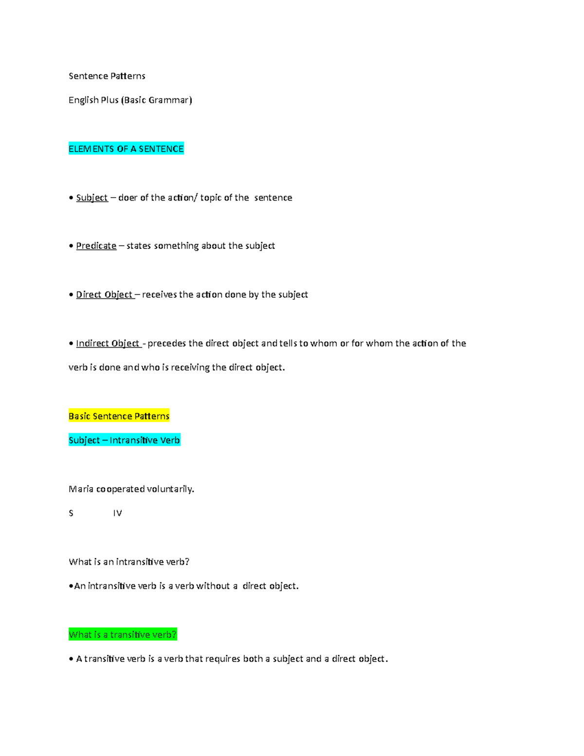 10 Sentence Patterns Worksheet