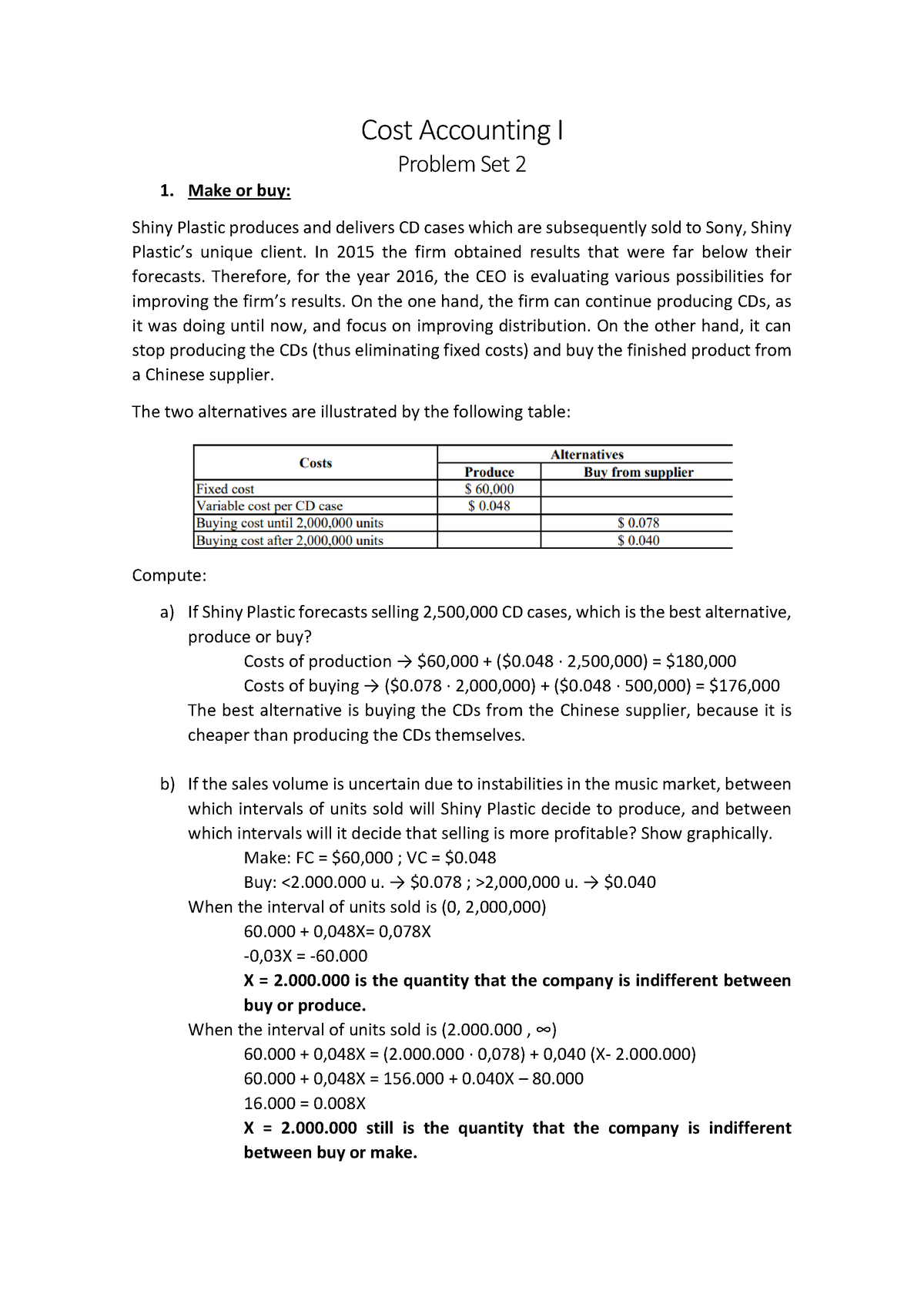 Problem Set 2 (solutions) - Cost Accounting I Problem Set 2 1. Make Or ...