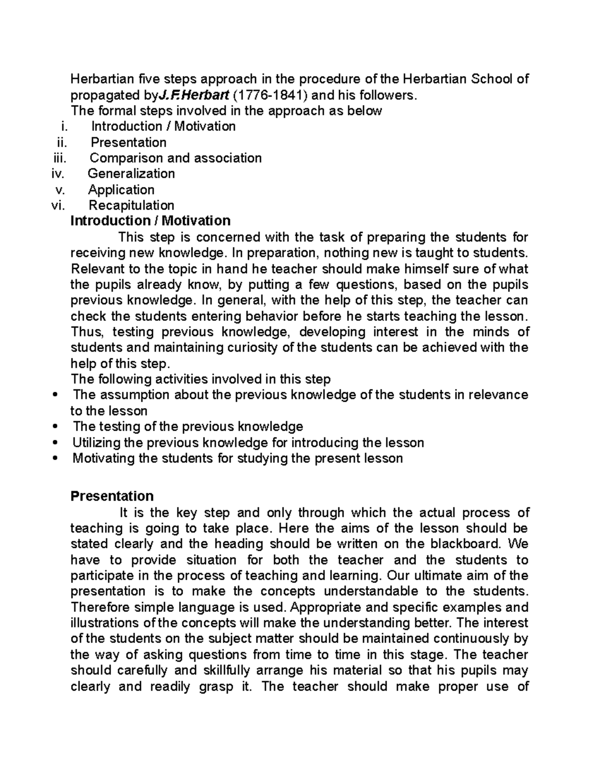 Herbartian Lessonplan - Herbartian five steps approach in the procedure ...