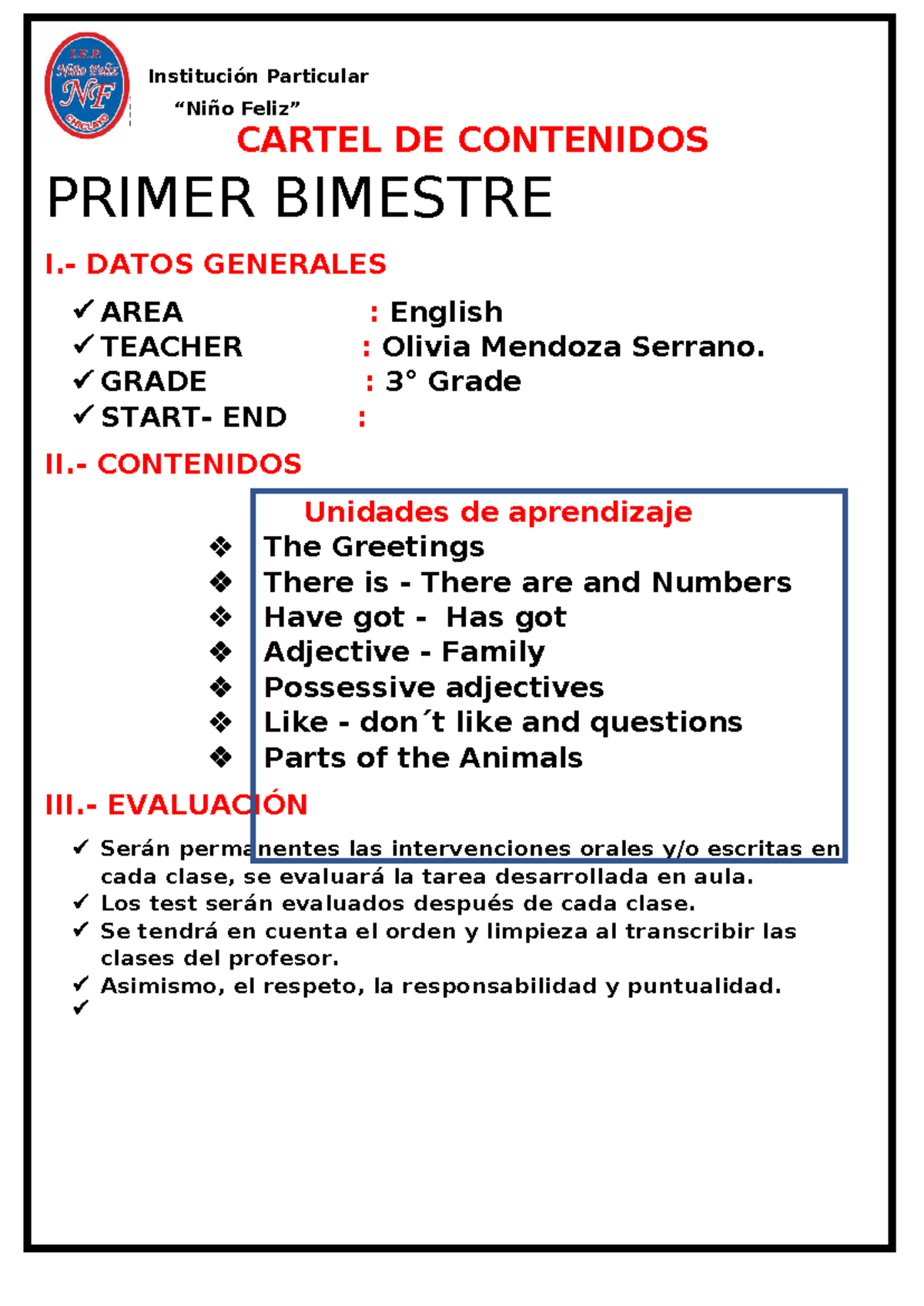 3° Cartel DE Contenidos Inglés Institución Particular “Niño Feliz
