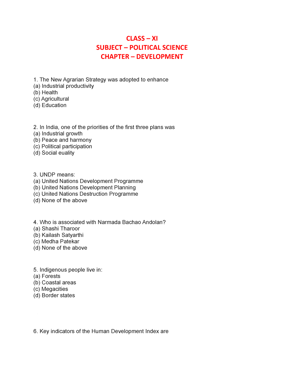 MCQ OF CH. Development - CLASS – XI SUBJECT – POLITICAL SCIENCE CHAPTER ...