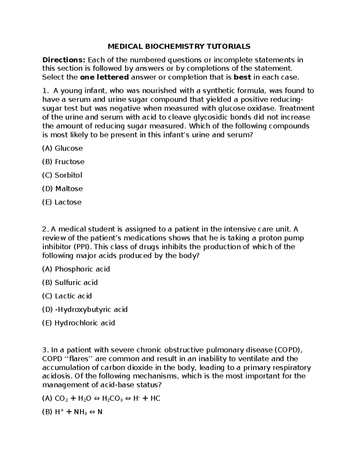 Medical Biochemistry Tutorials MEDICAL BIOCHEMISTRY TUTORIALS