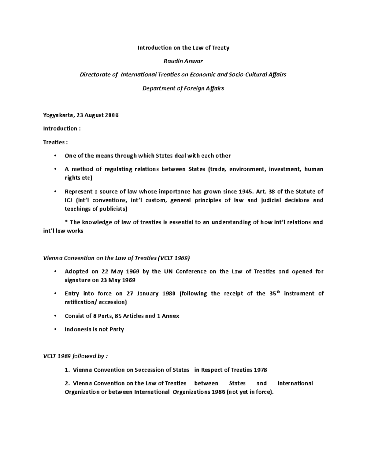 Introduction on the Law of Treaty Art. 38 of the Statute of ICJ (int