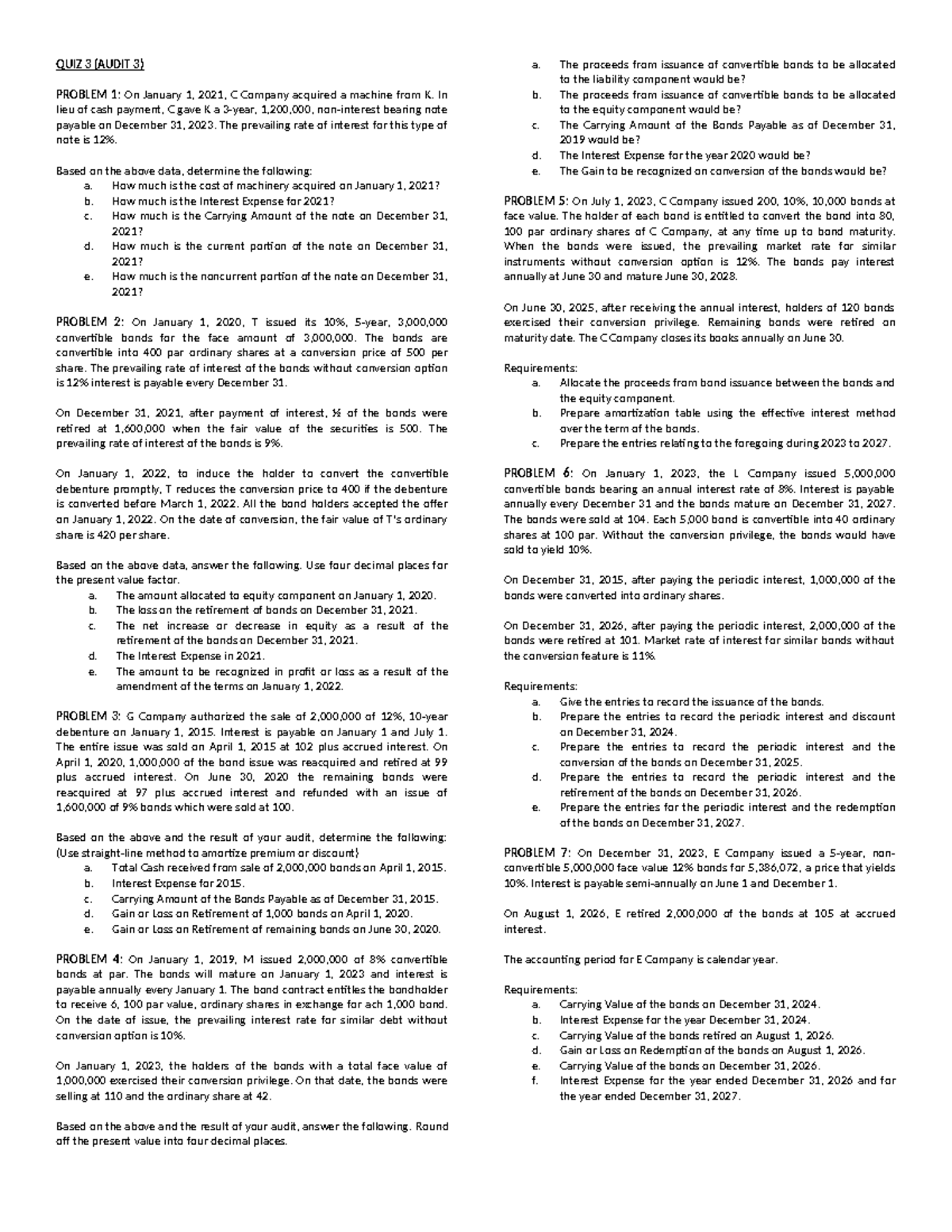 Audit 3 Quiz 3 Liab Quiz 3 Audit 3 Problem 1 On January 1