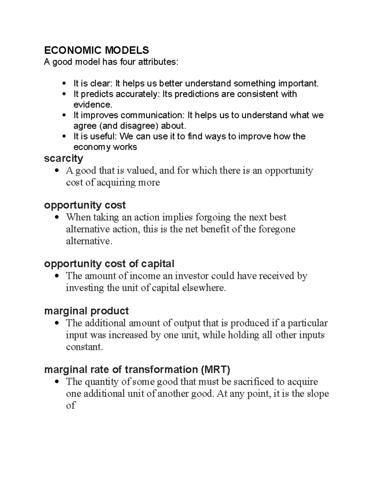 Economics 1 - Key words - ECONOMIC MODELS A good model has four ...
