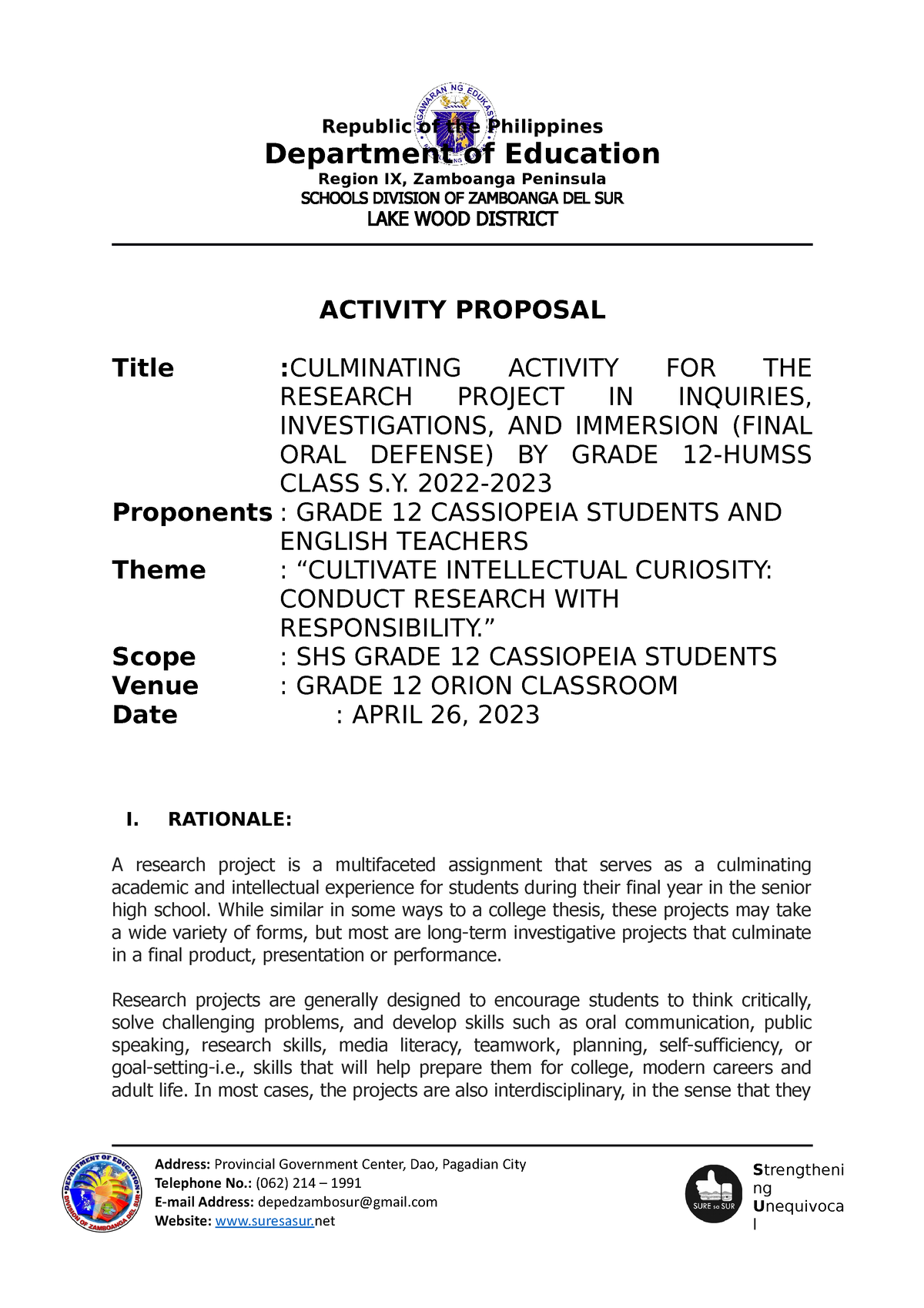 Activity Proposal Version 2 Department Of Education Region Ix Zamboanga Peninsula Schools 9922