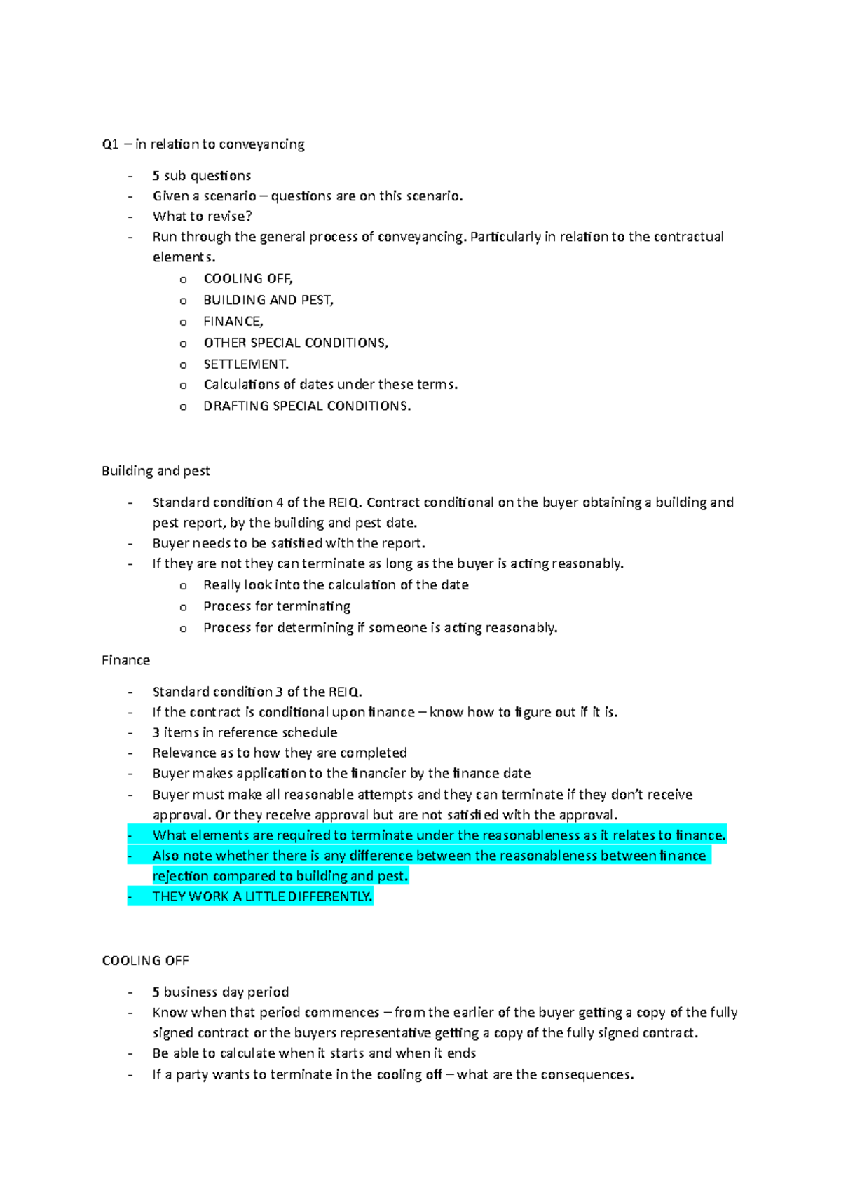 Final lecture - Q1 – in relation to conveyancing 5 sub questions Given ...