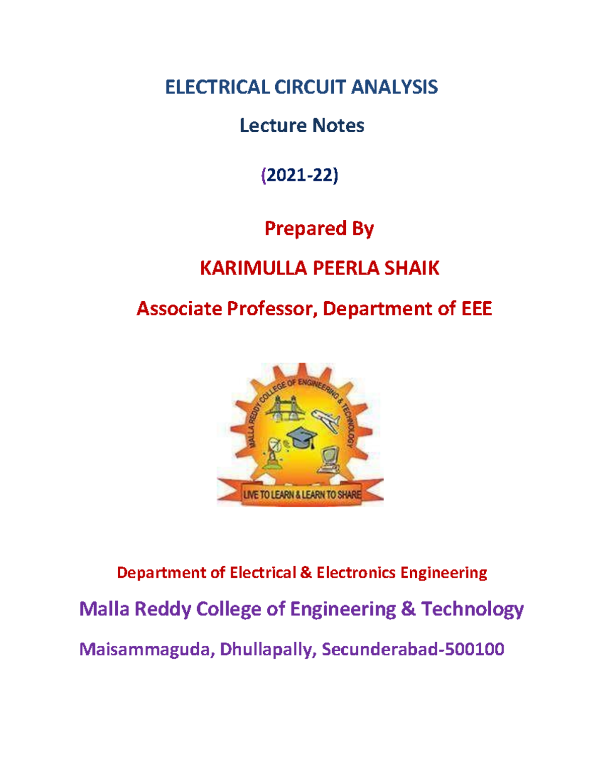 Electrical Circuit Analysis - ELECTRICAL CIRCUIT ANALYSIS Lecture Notes ...