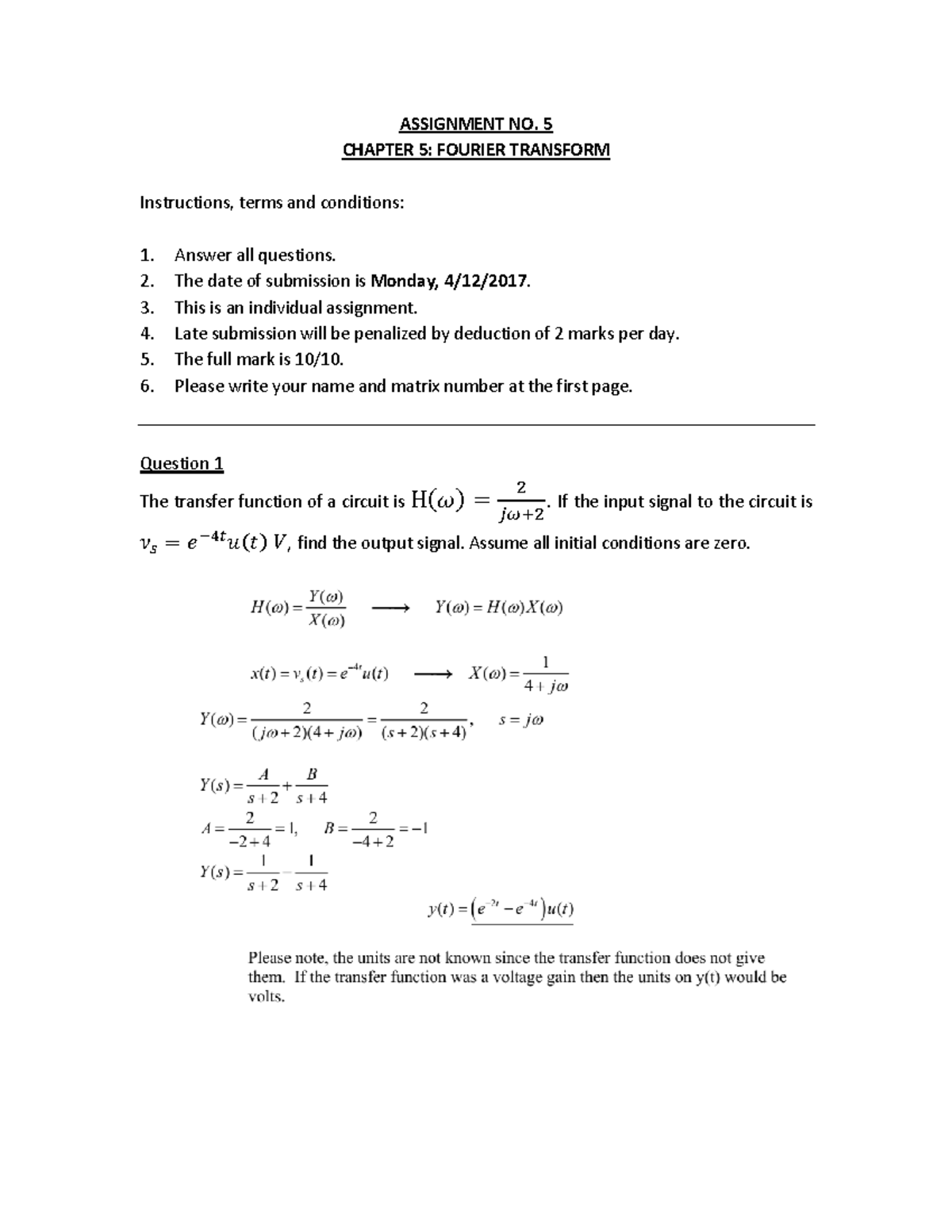 5 - Tutorial and Solution - ASSIGNMENT NO. 5 CHAPTER 5: FOURIER ...