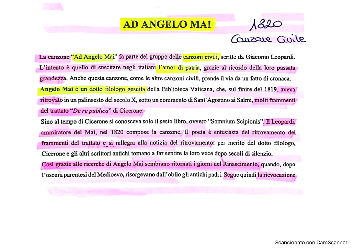 Analisi e parafrasi G. Leopardi - Ad angelo mai - Letteratura italiana ...