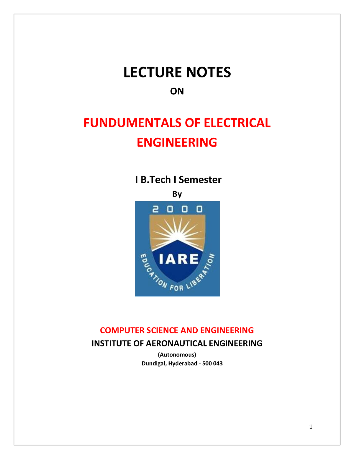 iare-fee-lecture-notes-1-lecture-notes-on-fundumentals-of-electrical