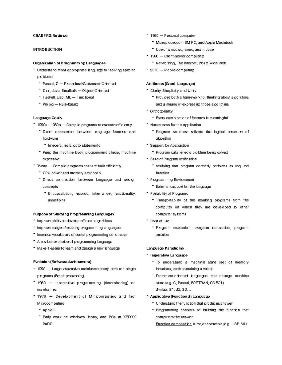 Theory Of Programming Languages - CSADPRG Reviewer INTRODUCTION ...