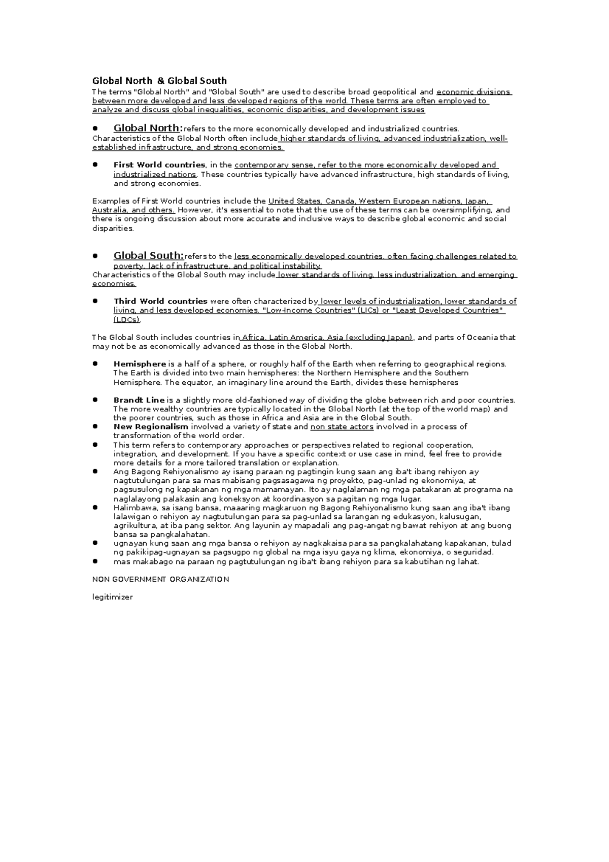 Global North Summary BSED English Global North & Global South The