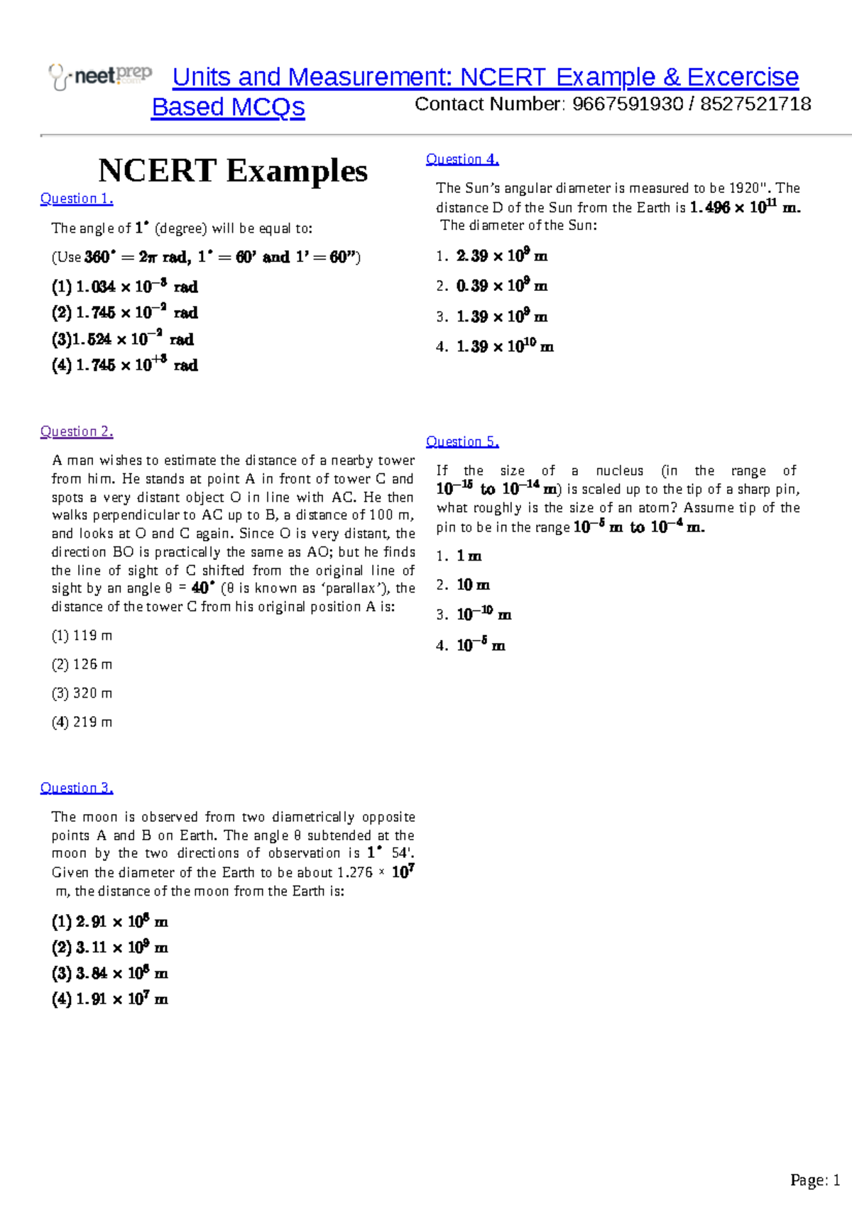 Ncert Examples & Exercises MCQs (XI - Physics) - Contact Number ...