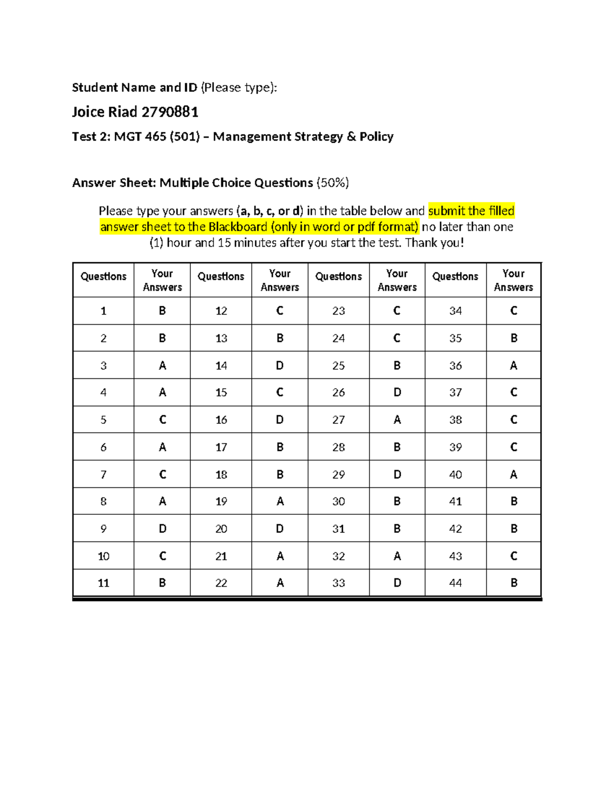 Answer sheet Test 2 MGT 465 (501) - Student Name and ID (Please type ...