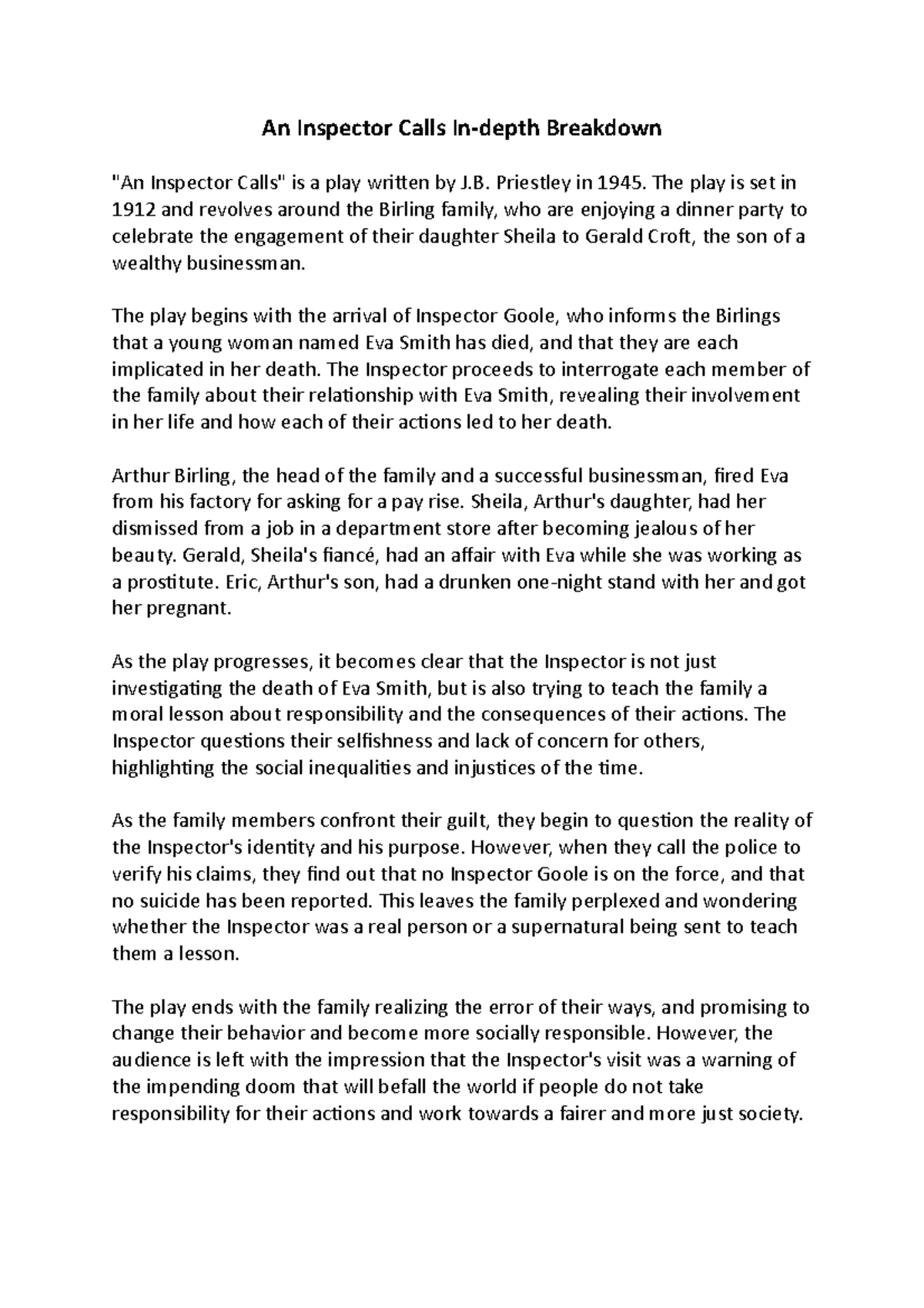 An Inspector Calls Summary English Literature GCSE Eduqas, 60 OFF