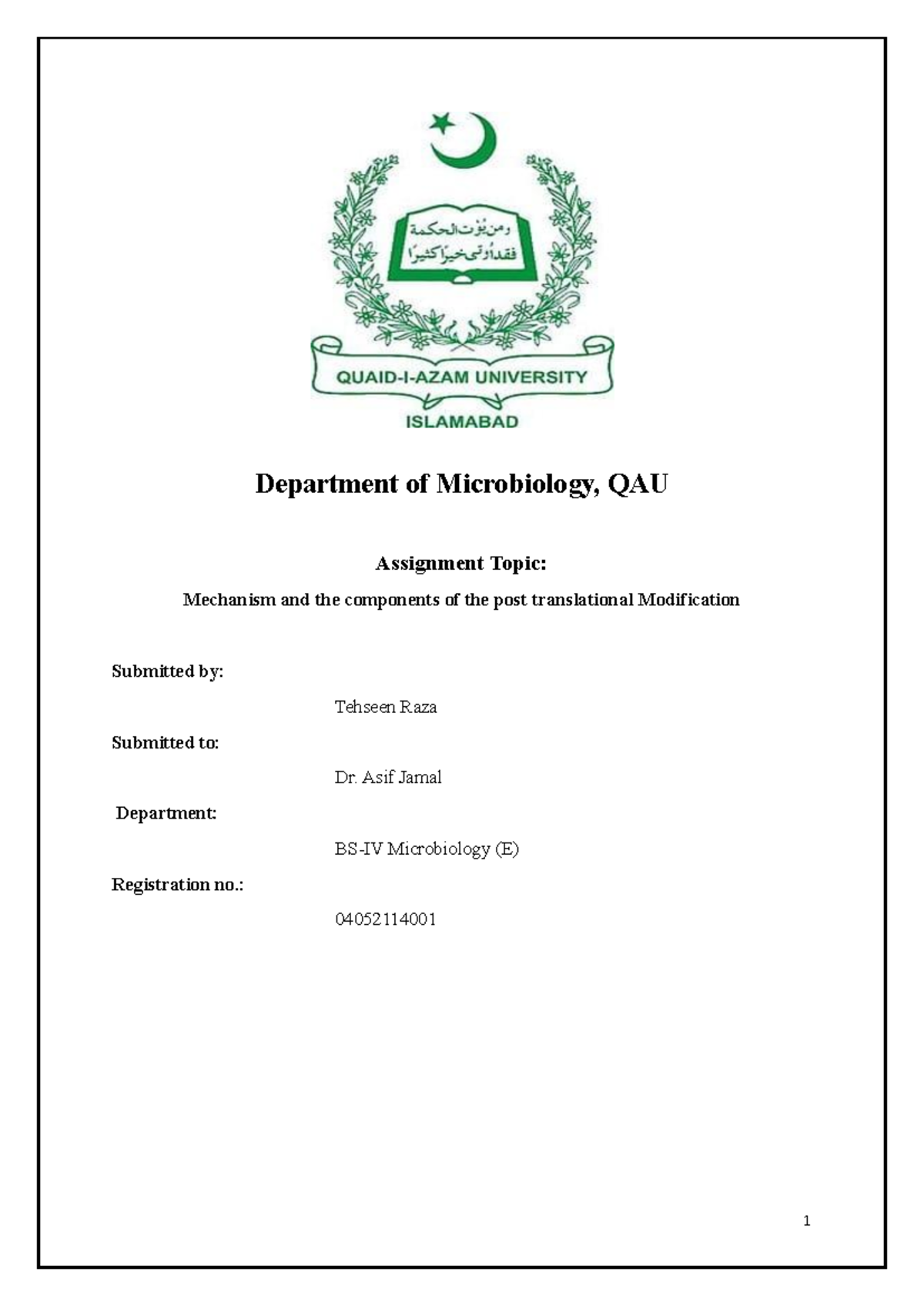 Molecular biology-tehseen - Department of Microbiology, QAU Assignment ...