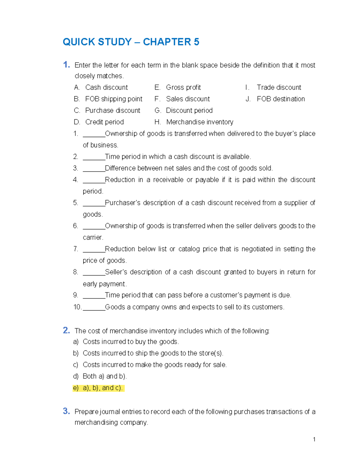 Chapter 5 Quick study................... QUICK STUDY