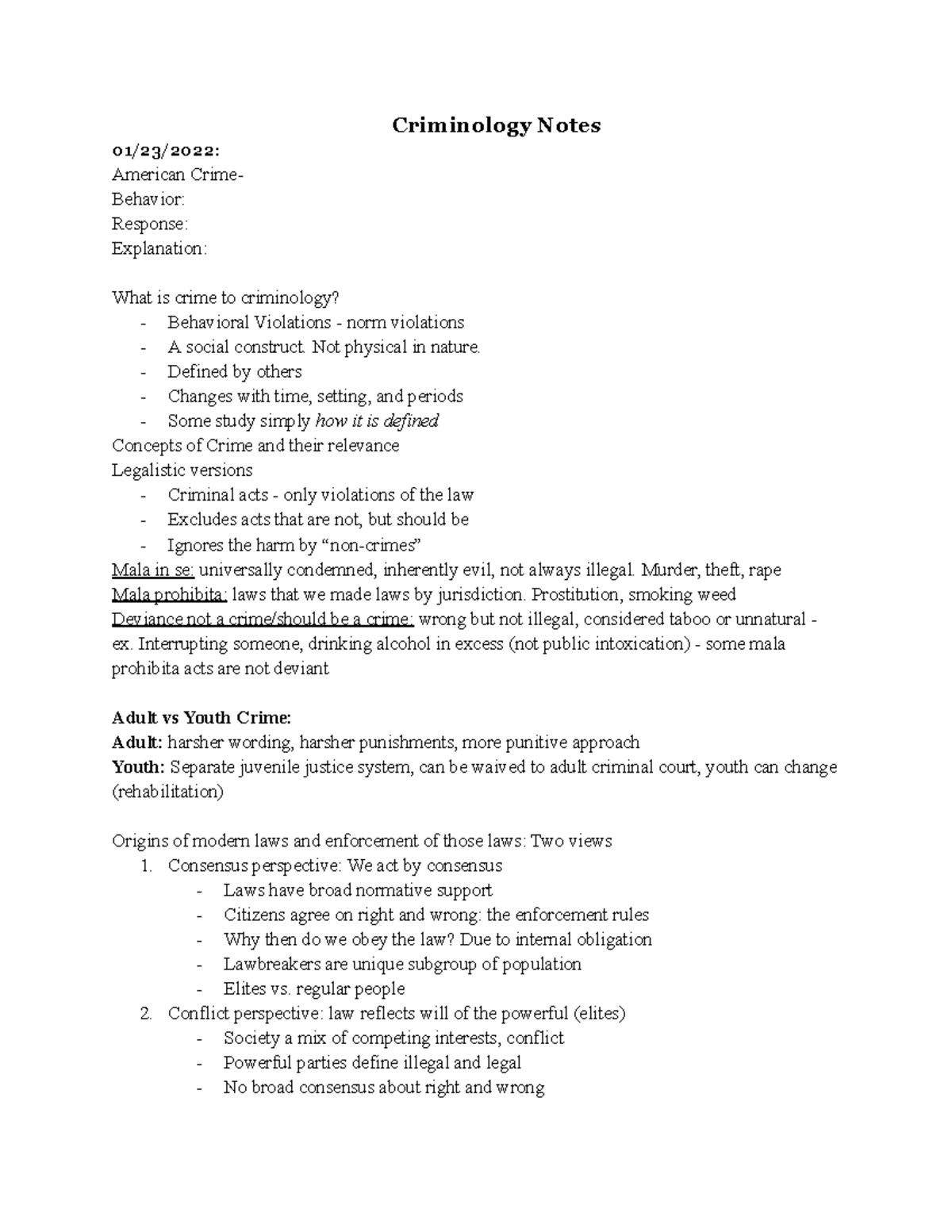 Crim Notes - Criminology Notes 01/23/2022: American Crime- Behavior ...