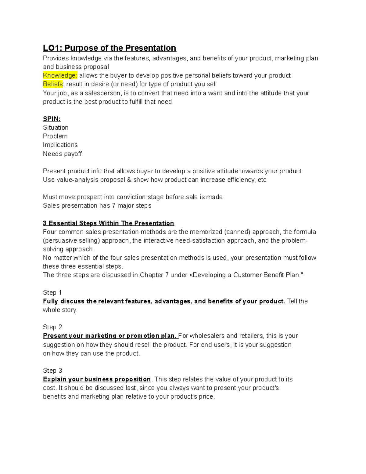 Chapter 9 Sales Presentation Mix LO1 Purpose of the Presentation