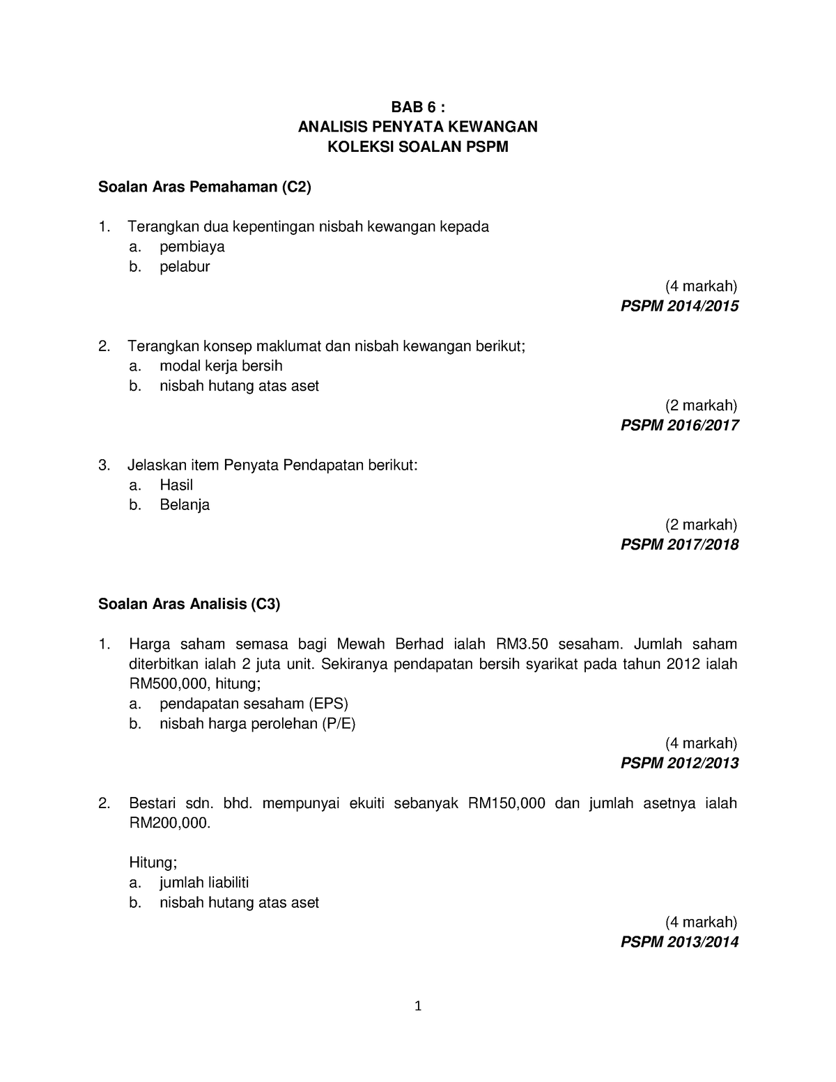 BAB 6 Analisis Penyata Kewangan Koleksi PSPM - BAB 6 : ANALISIS PENYATA ...