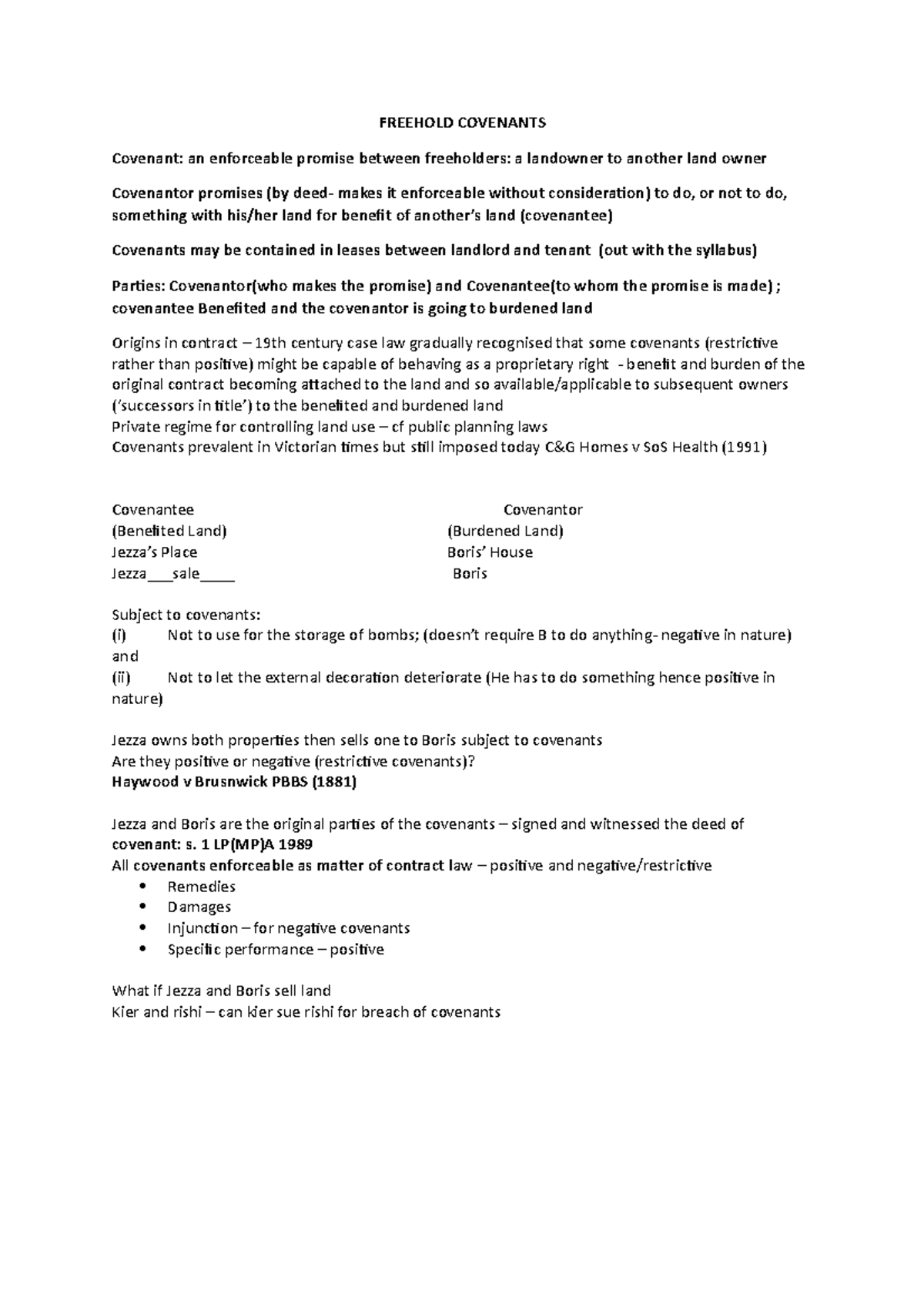 Freehold Covenants notes FREEHOLD COVENANTS Covenant an