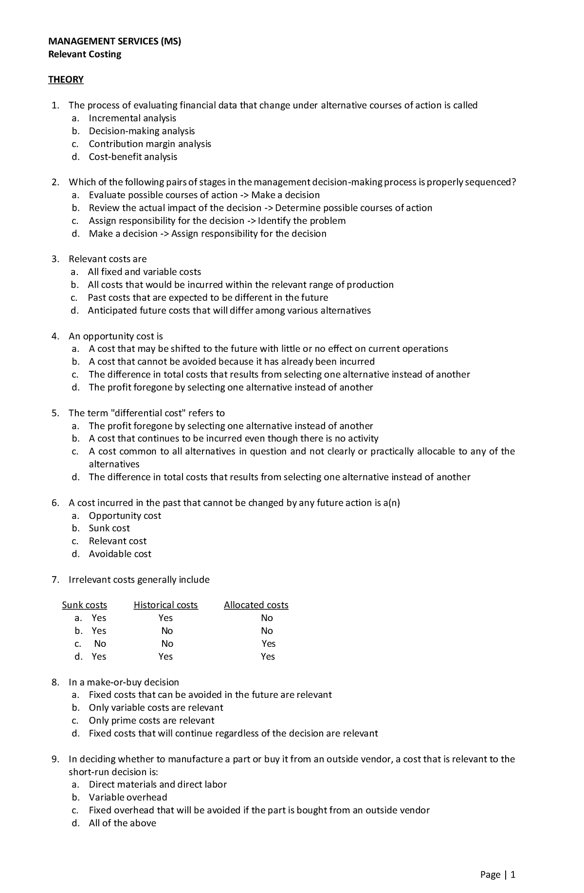 MS-Relevant-Costing - MAS - MANAGEMENT SERVICES (MS) Relevant Costing ...