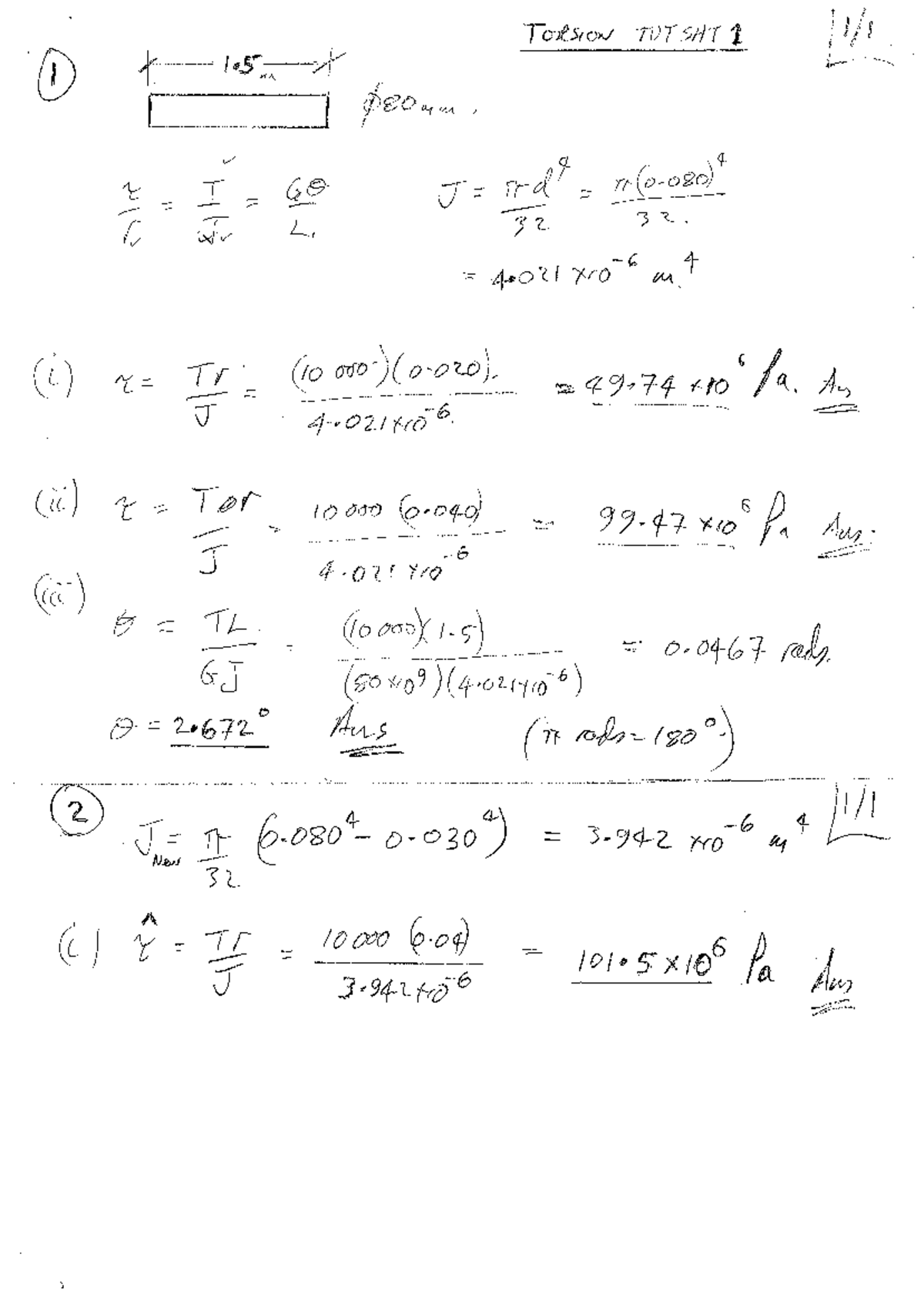 Tut Torsion 1 Sol - Tutorial Sheet Worked Solutions - "“To—Iesrcw wry ...