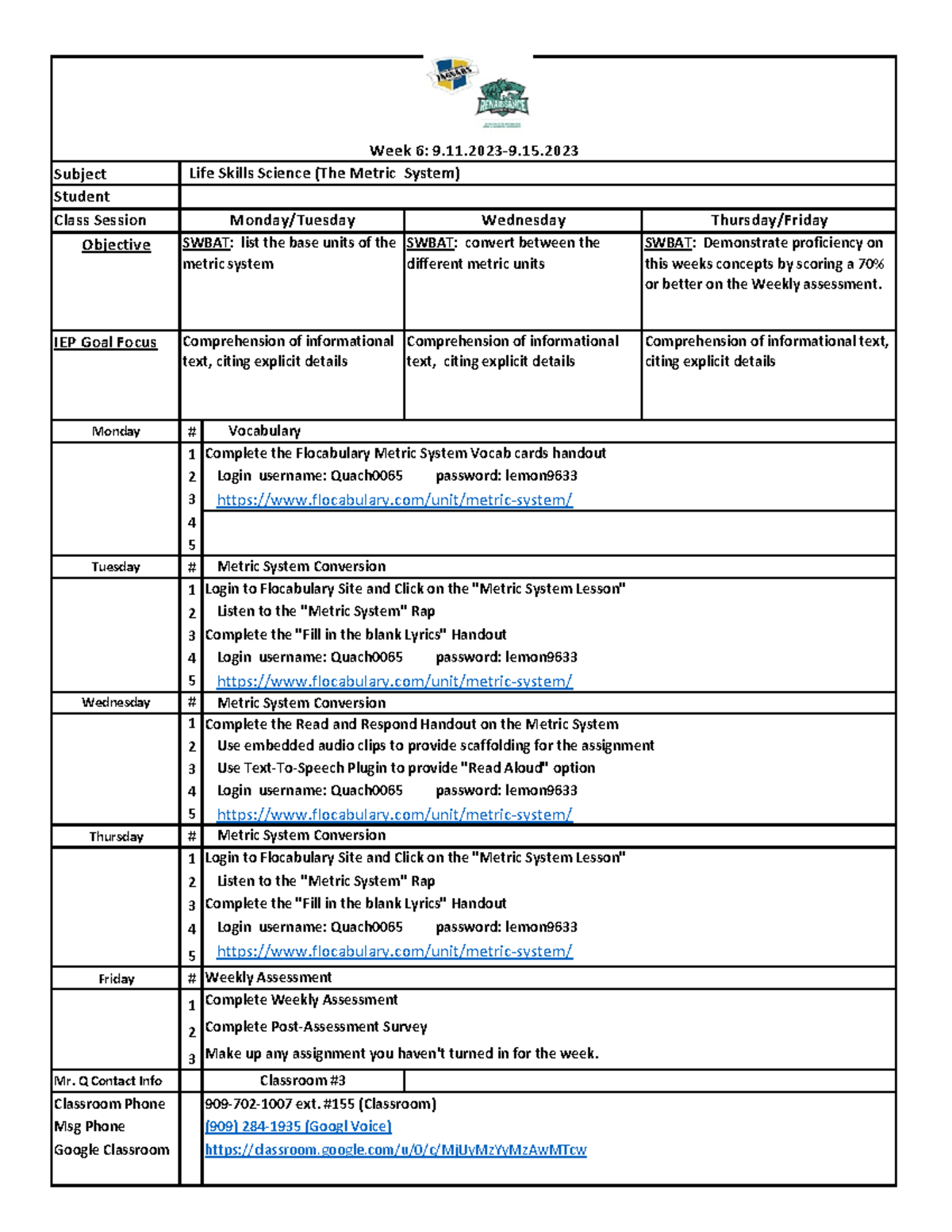 Life Skills Sci Metric System Packet (Week 6) - Subject Student Class ...