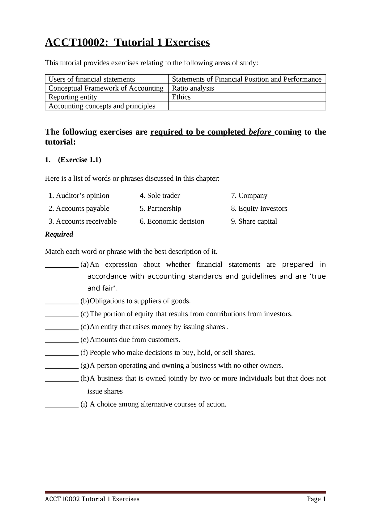 ACCT10002 Tutorial 1 Exercises, 2020 - ACCT10002: Tutorial 1 Exercises ...