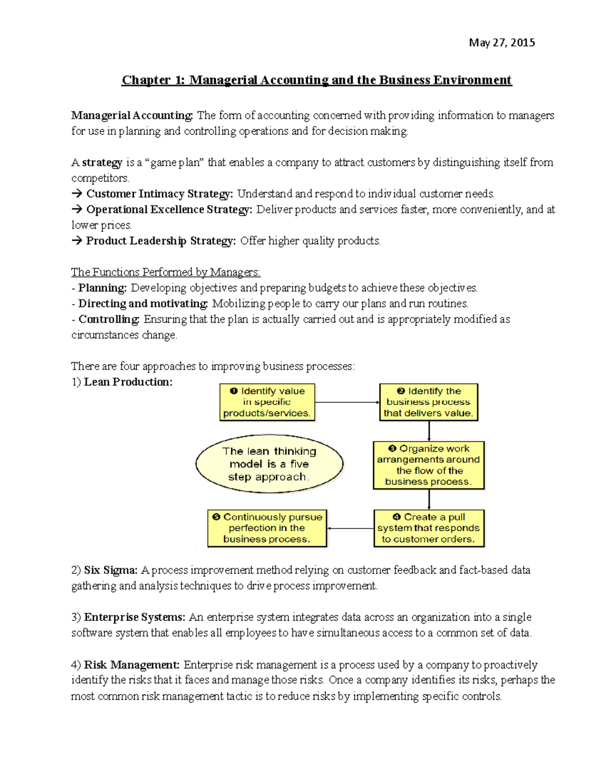 Adms2510 Ch 1 Summary Managerial Accounting May 27 2015 Chapter 1 Managerial Accounting Adms2510 Ch 1 Summary Managerial Accounting May 27 2015 Chapter 1 Managerial Accounting