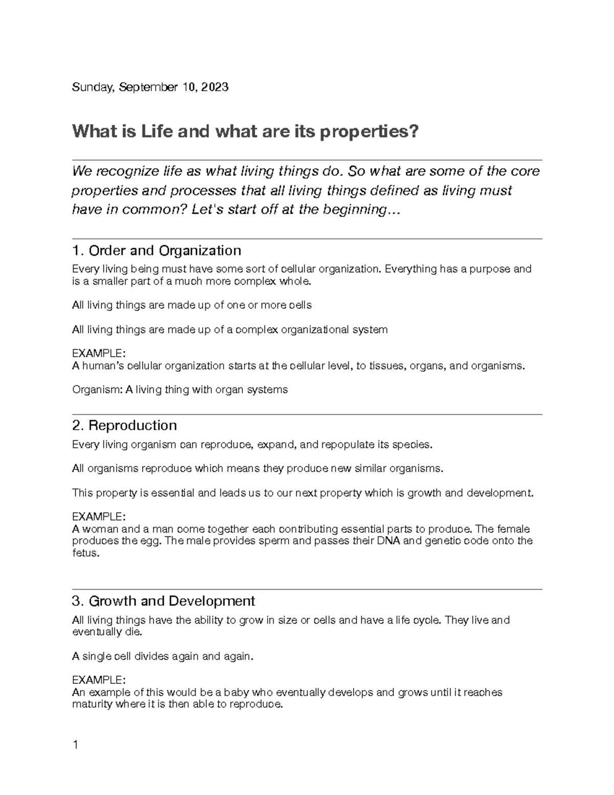 Chapter 1 - Sunday, September 10, 2023 What is Life and what are its ...