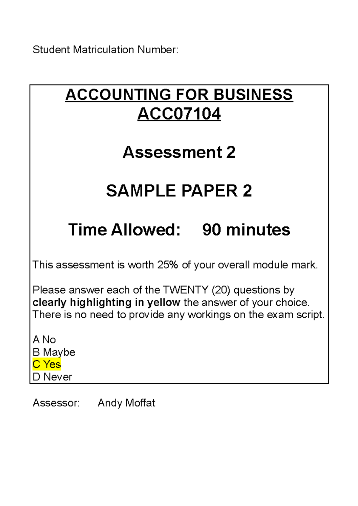 Sample Paper 2 - Student Matriculation Number: ACCOUNTING FOR BUSINESS ...