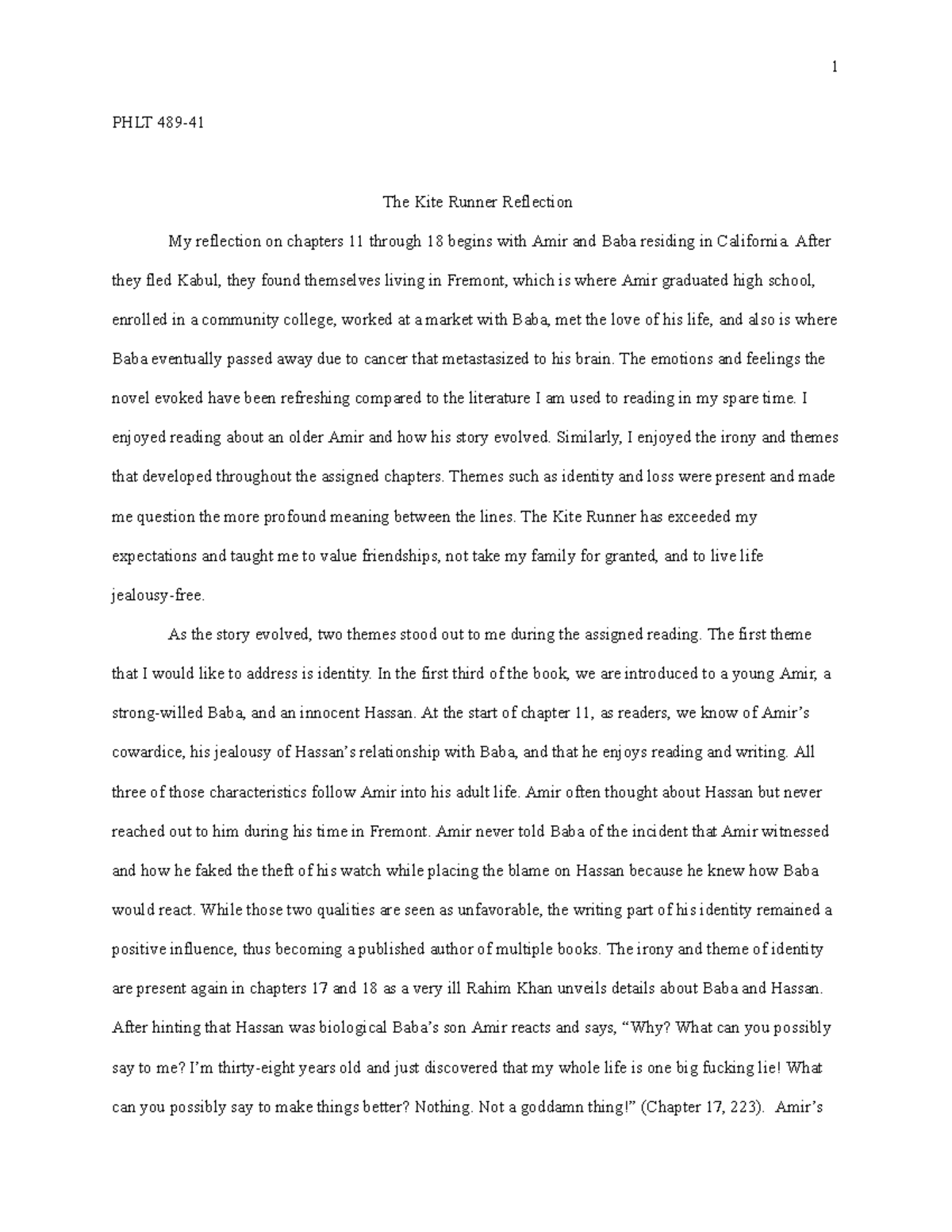 Kite Runner Reflection 1118 1 PHLT 489 The Kite Runner Reflection