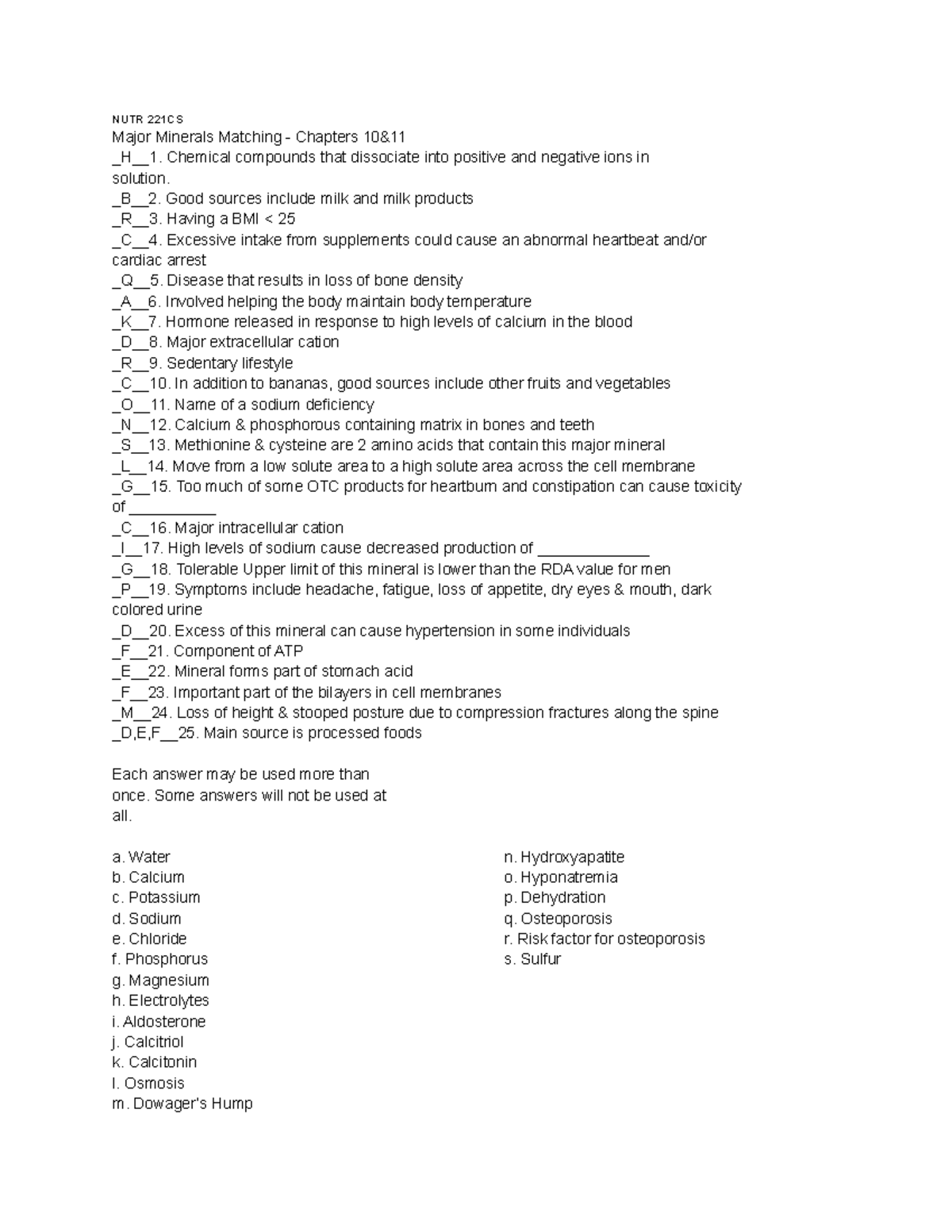 Major mineral Matching chapters 10 and 11 NUTR 221CS Major Minerals