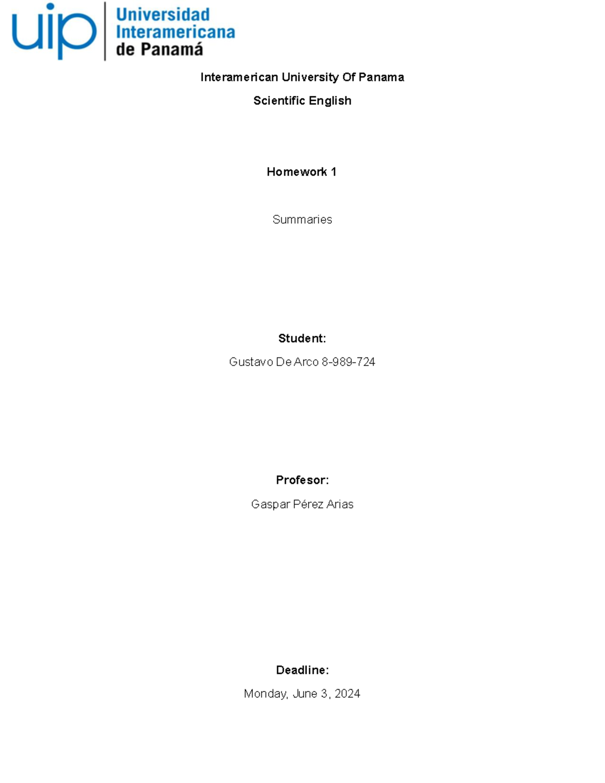 Tarea #1 ingles - Interamerican University Of Panama Scientific English ...