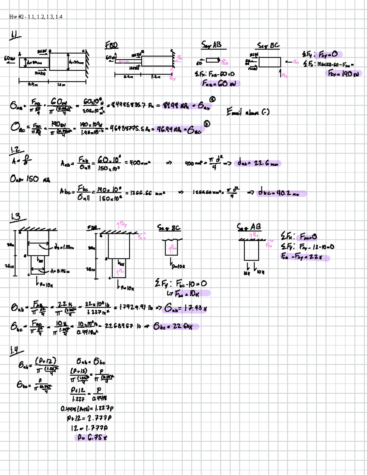 MECH 237 Hw practice - Hw 1 - Hw #2 - 1, 1, 1, 1. 1. / FBD Seg AB Seg ...