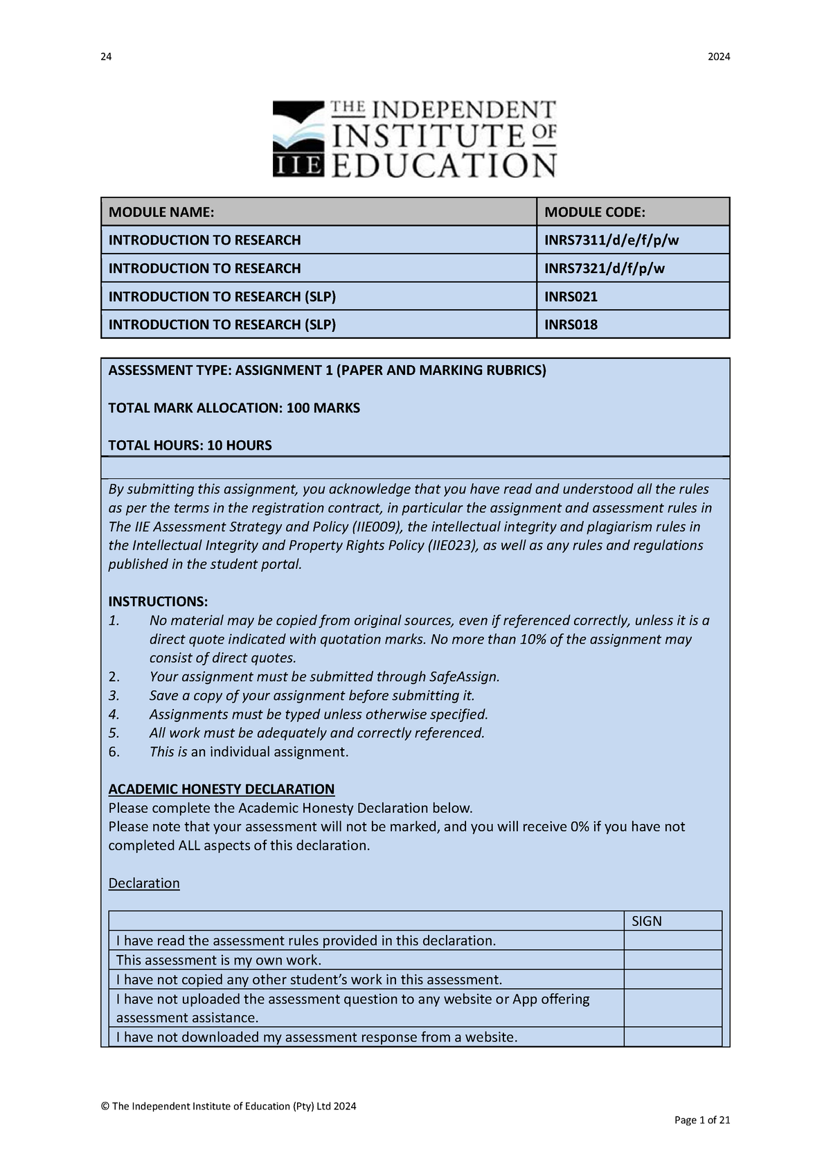 INRS Assignment 1 - © The Independent Institute of Education (Pty) Ltd ...