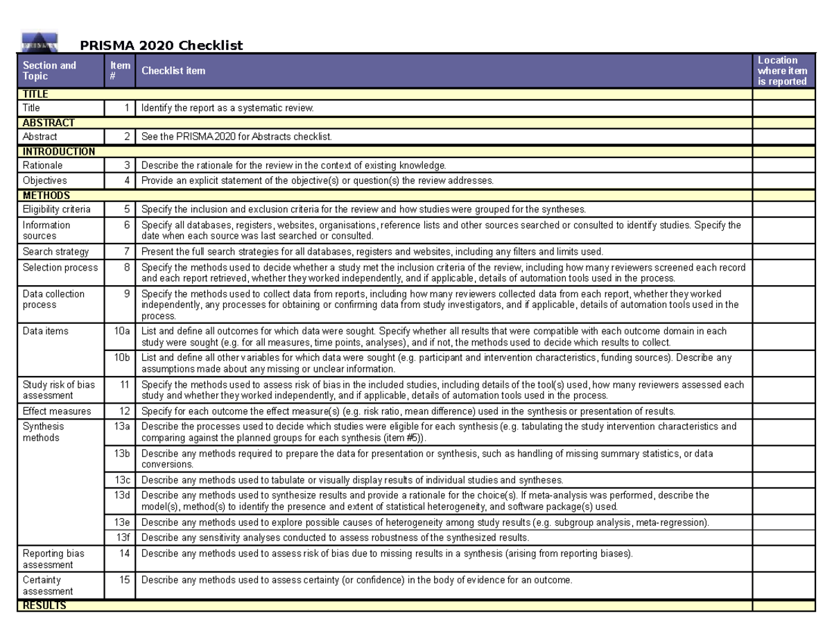 Prisma 2020 checklist PRISMA 2020 Checklist Section and Topic **Item