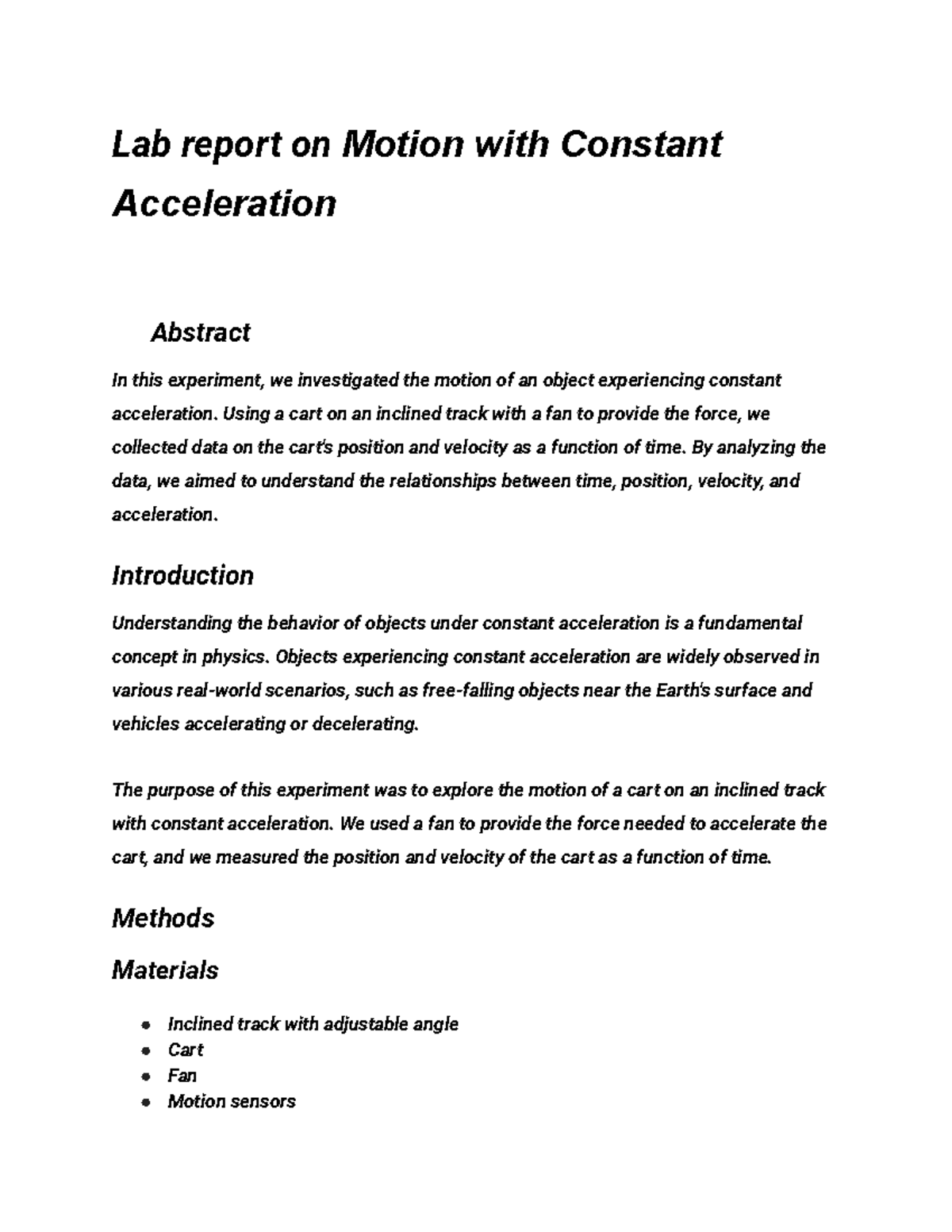 lab motion with constant acceleration assignment lab report brainly